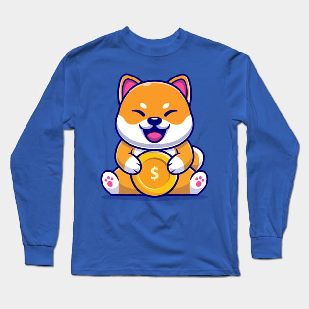 Cute Shiba Inu Dog With Gold Coin Cartoon Long Sleeve T-Shirt by Catalyst Labs